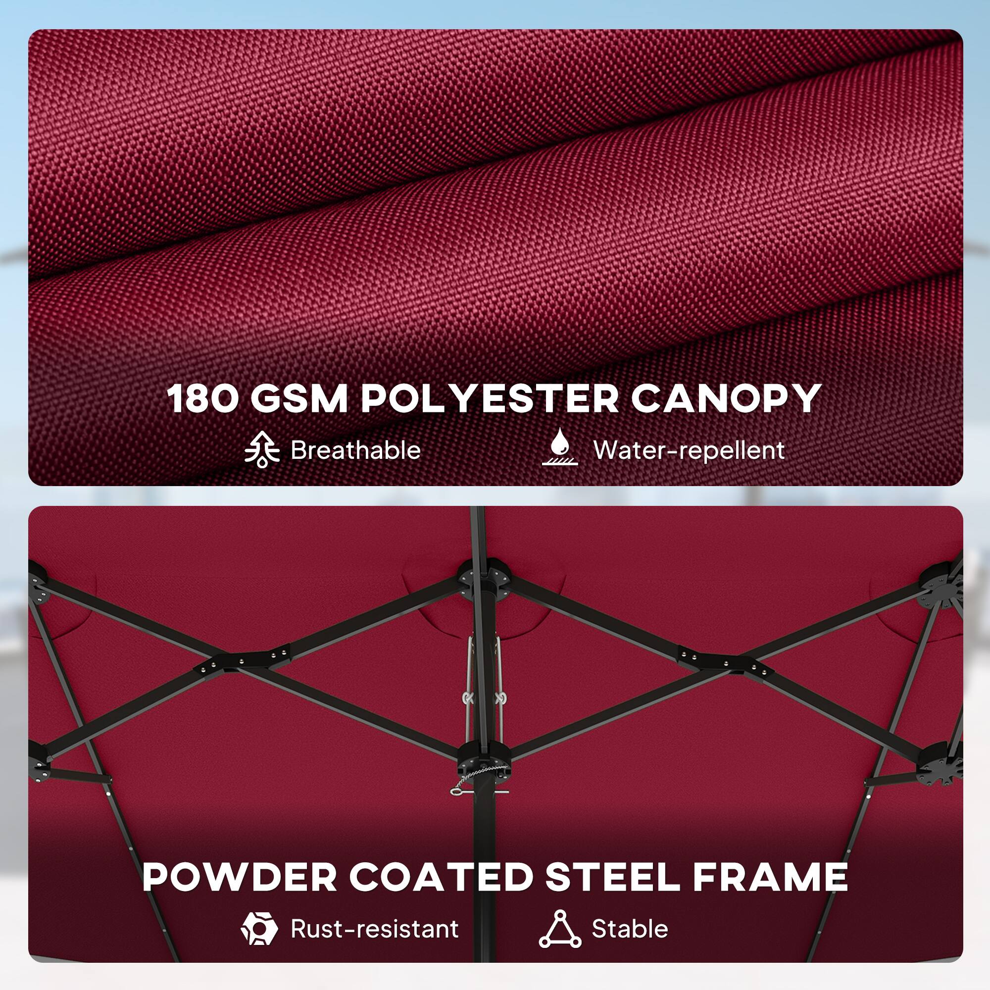 180 GSM POLYESTER CANOPY  
- Breathable  
- Water-repellent  

POWDER COATED STEEL FRAME  
- Rust-resistant  
- Stable