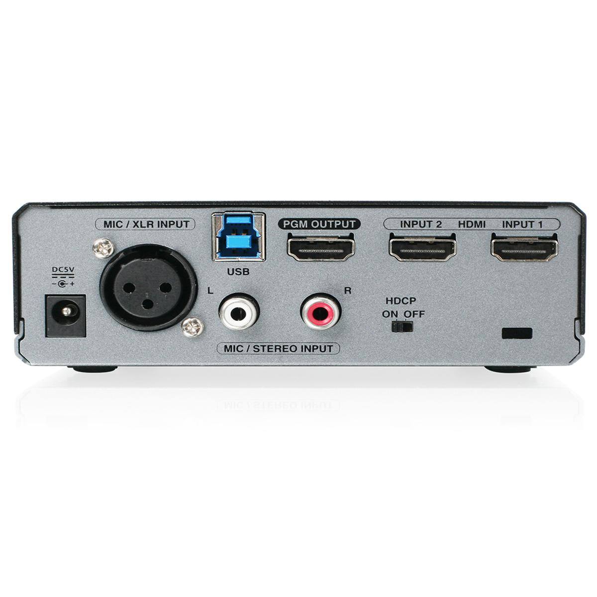 MIC/XLR INPUT  
PGM OUTPUT  
INPUT 2  
HDMI INPUT 1  
DC5V  
USB  
L  
R  
HDCP ON OFF  
MIC / STEREO INPUT