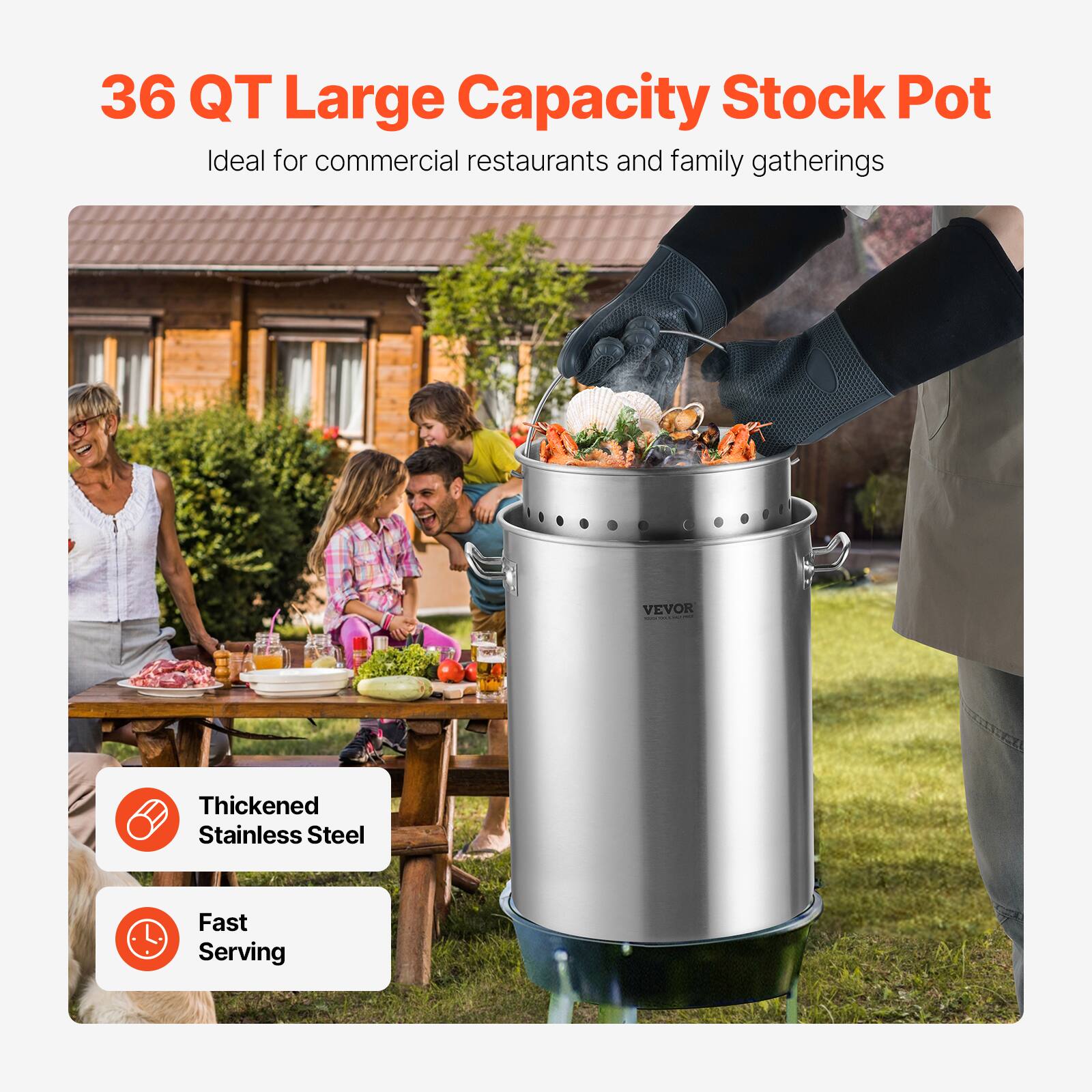 36 QT Large Capacity Stock Pot  
Ideal for commercial restaurants and family gatherings  

Thickened Stainless Steel  
Fast Serving