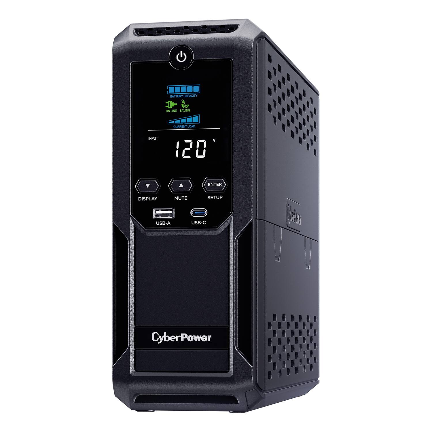 BATTERY CAPACITY
ONLINE SAVING
CURRENT LOAD
INPUT
120 V
UP
DISPLAY
MUTE
SETUP
USB-A
USB-C
CyberPower