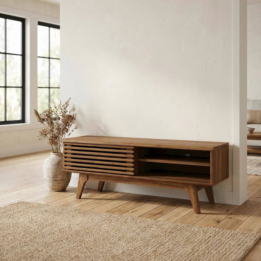 Left. FurniFact - Wooden brown TV stand with 48-inch width and sleek design - Brown.