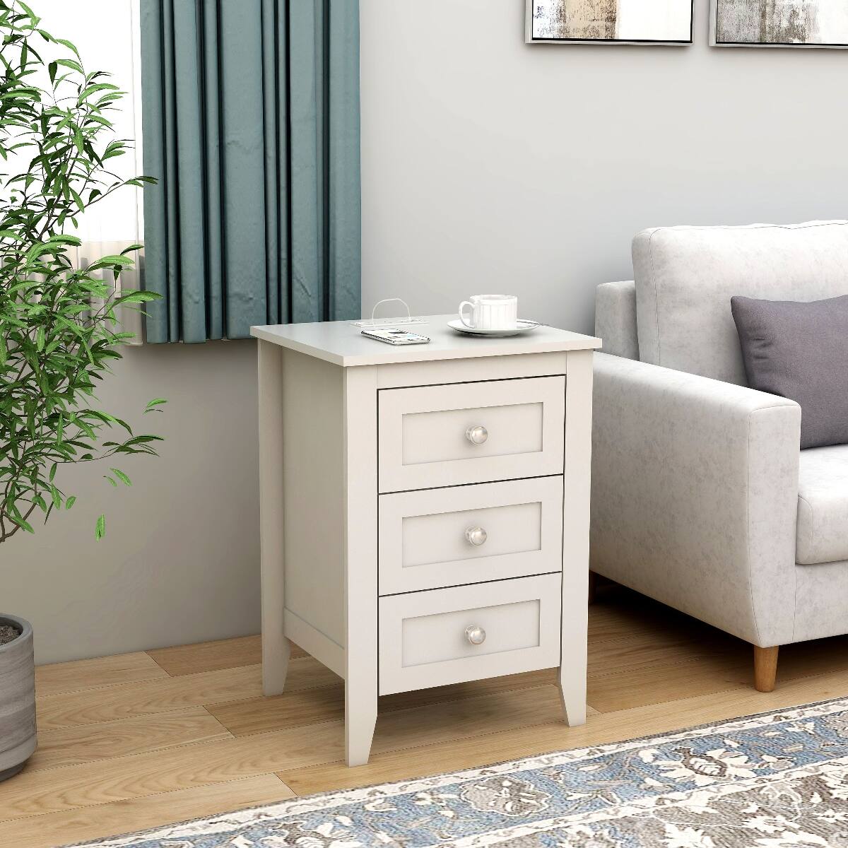 Front. Loheer - Loheer White 3 Drawer Nightstand with Charging Station, USB Ports and Power Outlets - White.