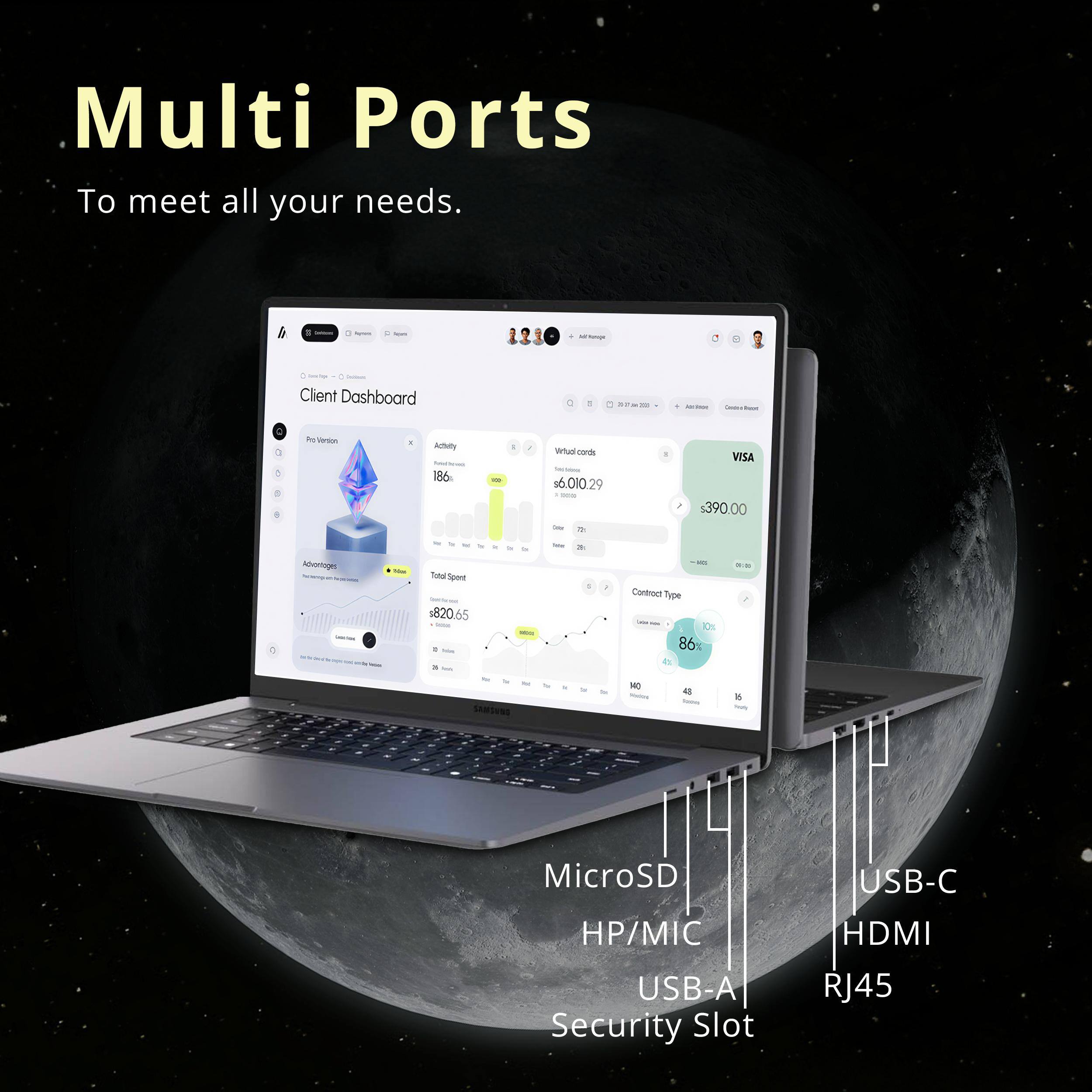 Multi Ports To meet all your needs.  
Client Dashboard  
Activity 186  
Muo corde 16.010.29  
VISA $390.00  
Advantage  
Total Sport 820.65  
Contract Type  
MicroSD HP/MIC USB-A Security Slot USB-C HDMI RJ45