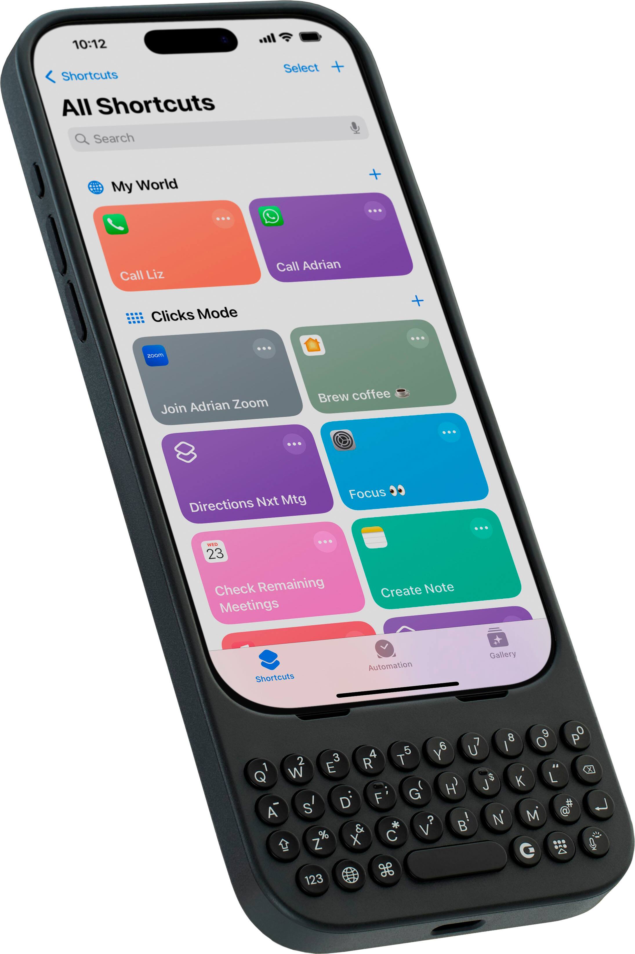 The text on the image reads:

"All Shortcuts"

"Call Liz"
"Call Adrian"
"Clicks Mode + Search"
"My World + ..."
"zoom"
"Directions Nxt Mtg Focus"
"WED 23 Check Remaining Meetings"
"Create Note"
"Shortcuts Automation Gallery"
"9 0  8 O P 5 y6 6 U' I 3 4 Y 2 R T"
"1 E A Q W $ L J K G H I D F # A S @ ? N' M & * B % C V Z X Q G a 8 123"

The text is grouped into categories, such as "Call" and "Shortcuts," and the shortcuts are listed in a row.