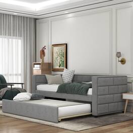 Loheer - Twin Daybed with Trundle, Upholstered Guest Bed with Padded Back, No Box Spring Needed - Gray