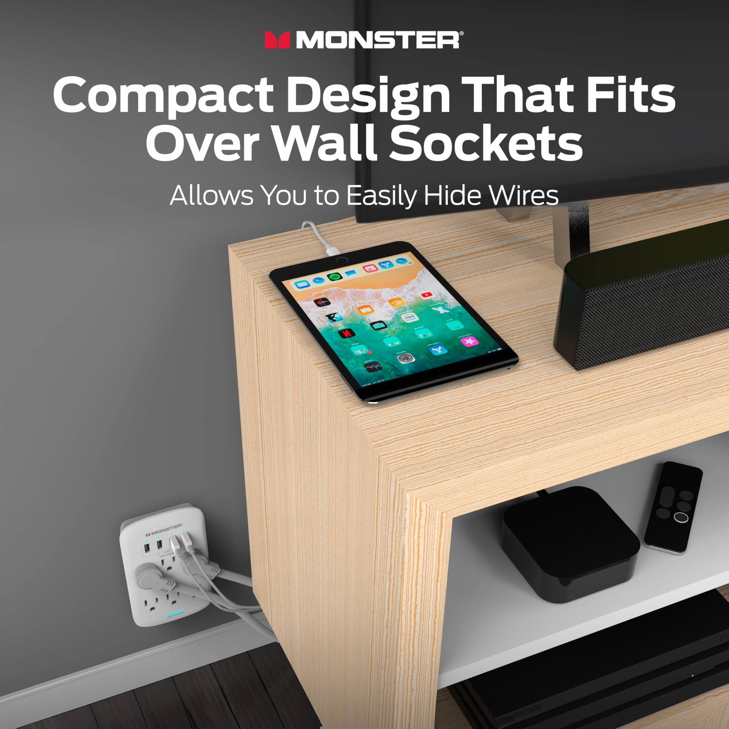 MONSTER Compact Design That Fits Over Wall Sockets Allows You to Easily Hide Wires