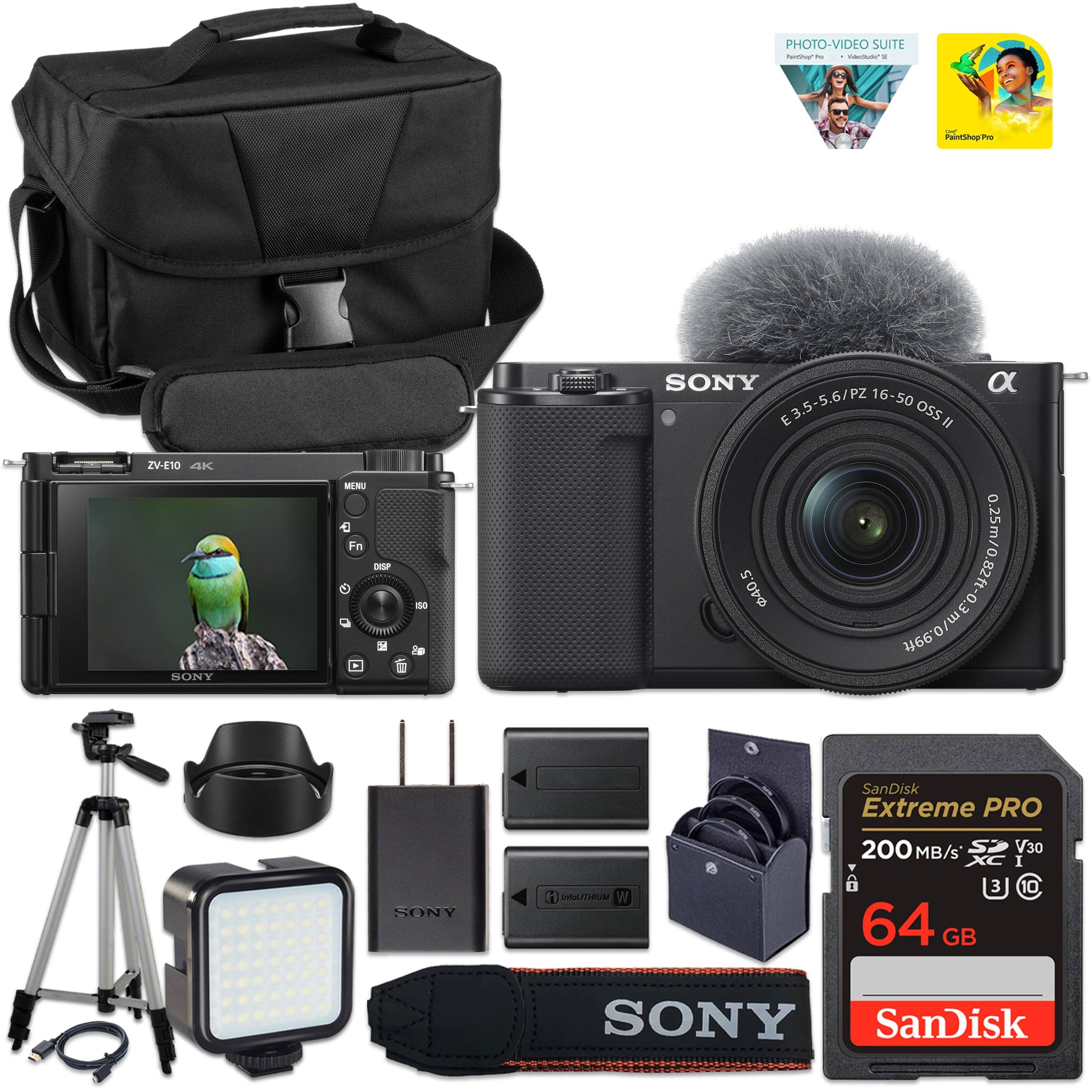 Bundle - Sony - ZV-E10 Camera with 16-50mm Lens, LED Light, Battery, 64GB Card & Case - Black