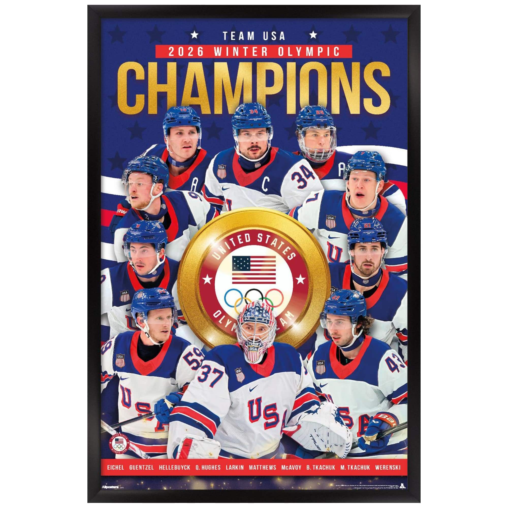 Trends International - Men's USA Hockey 2026 Winter Olympics Gold Medal 22.375" x 34" Framed Poster - Multicolor