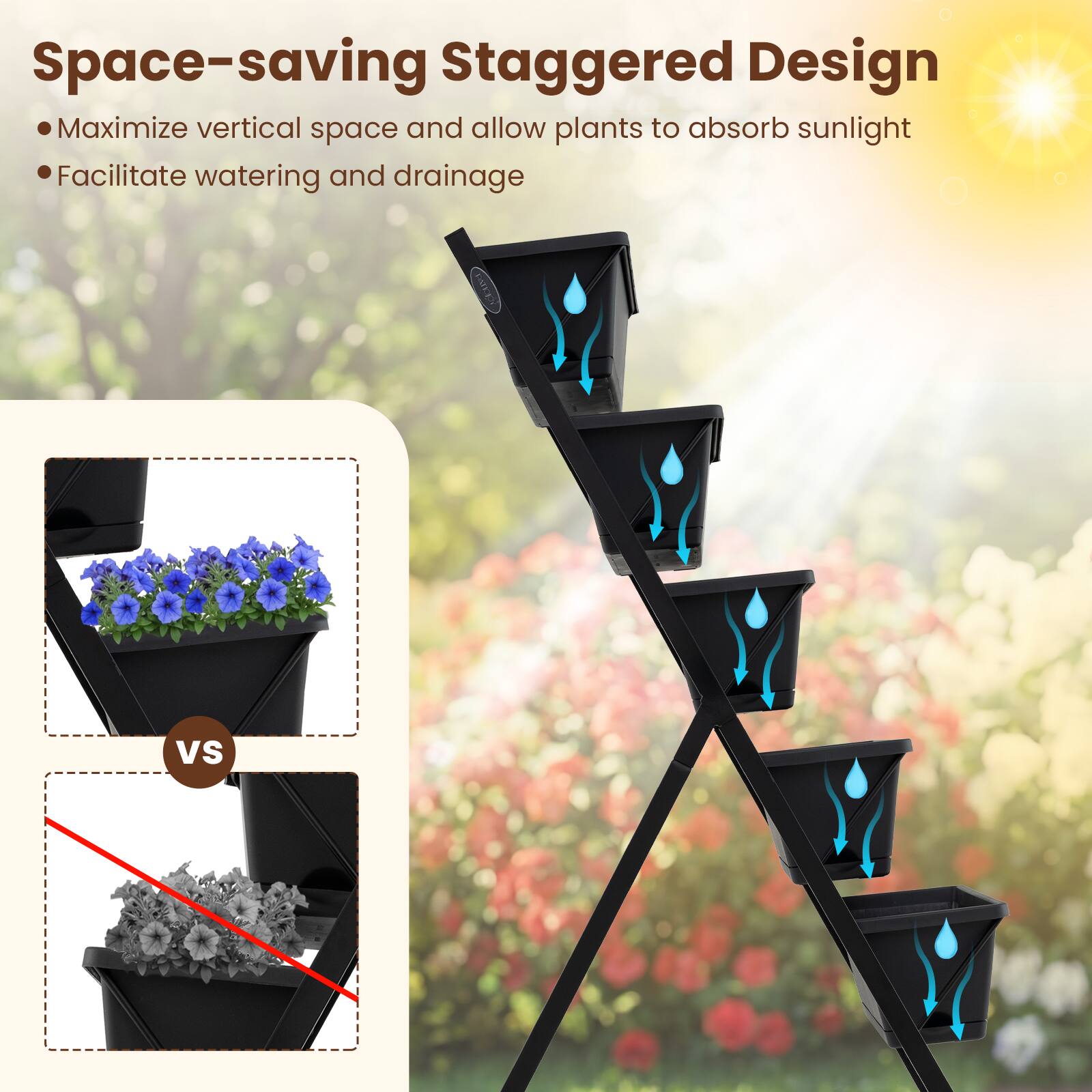 Space-saving Staggered Design  
- Maximize vertical space and allow plants to absorb sunlight  
- Facilitate watering and drainage  

VS