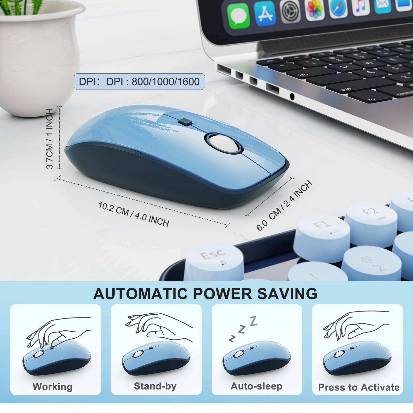 Sure, here is the corrected and grouped text from the image:

---

**DPI:** 800/1000/1600

**Dimensions:**
- 3.7 CM / 1.4 INCH
- 10.2 CM / 4.0 INCH
- 6.0 CM / 2.4 INCH

**Automatic Power Saving:**
- Working
- Stand-by
- Auto-sleep
- Press to Activate

---