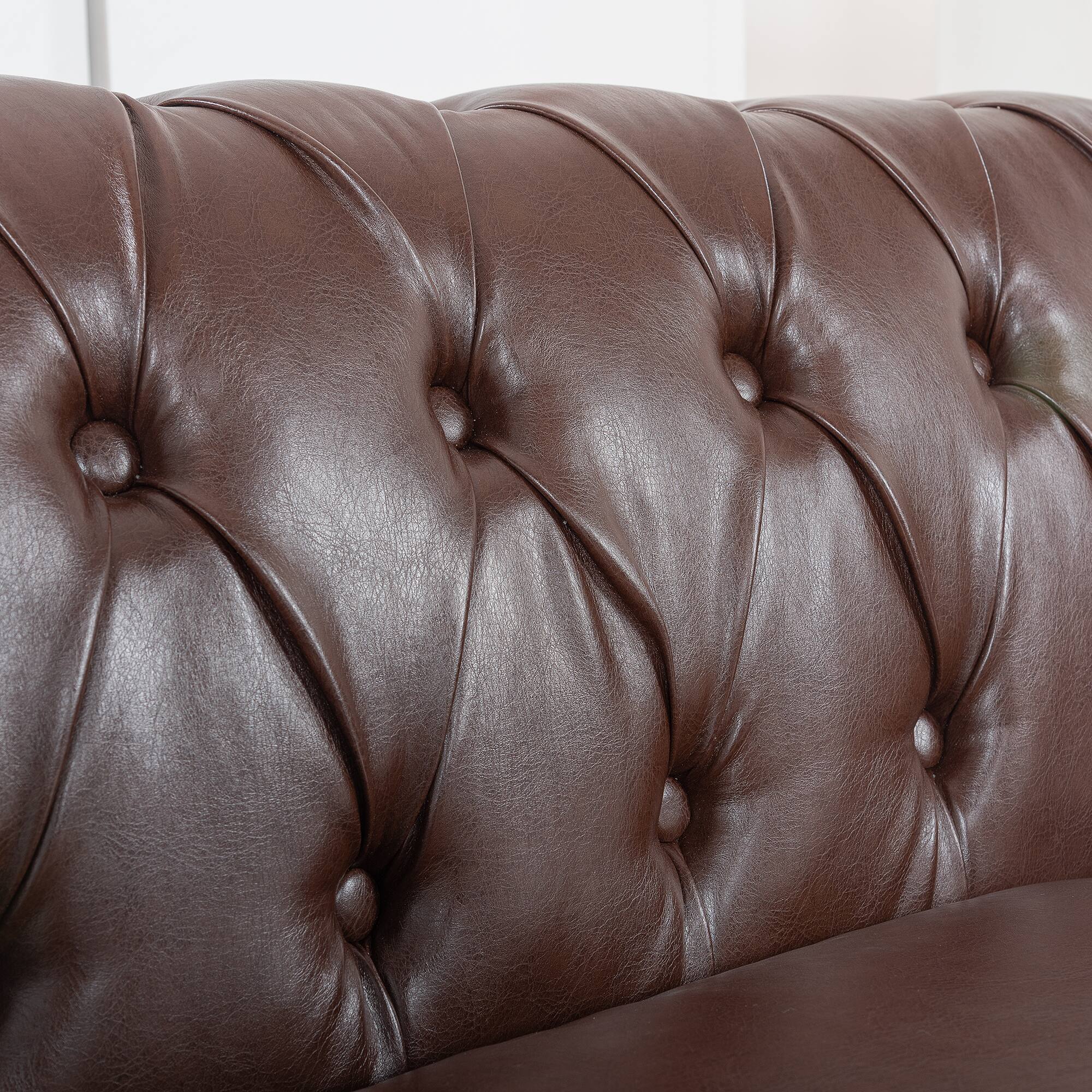 Back. Anysun - 84" Faux Leather 3-Seat Chesterfield Sofa - Rolled Arm, Deep Seating, Button Tufted for Living Room & Office - Dark Brown.