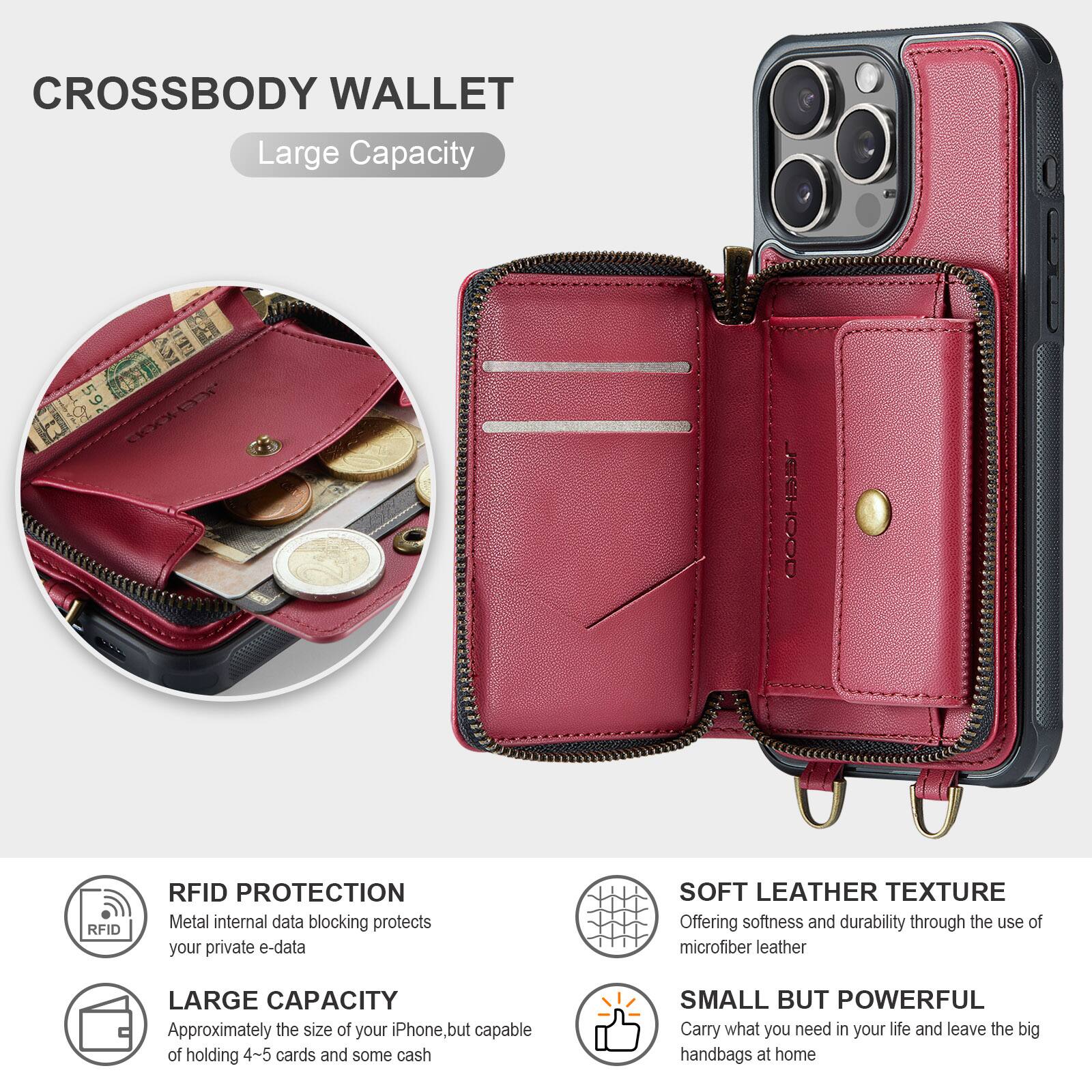 CROSSBODY WALLET  
Large Capacity  

RFID PROTECTION  
Metal internal data blocking protects your private e-data  

LARGE CAPACITY  
Approximately the size of your iPhone, but capable of holding 4-5 cards and some cash  

SOFT LEATHER TEXTURE  
Offering softness and durability through the use of microfiber leather  

SMALL BUT POWERFUL  
Carry what you need in your life and leave the big handbags at home
