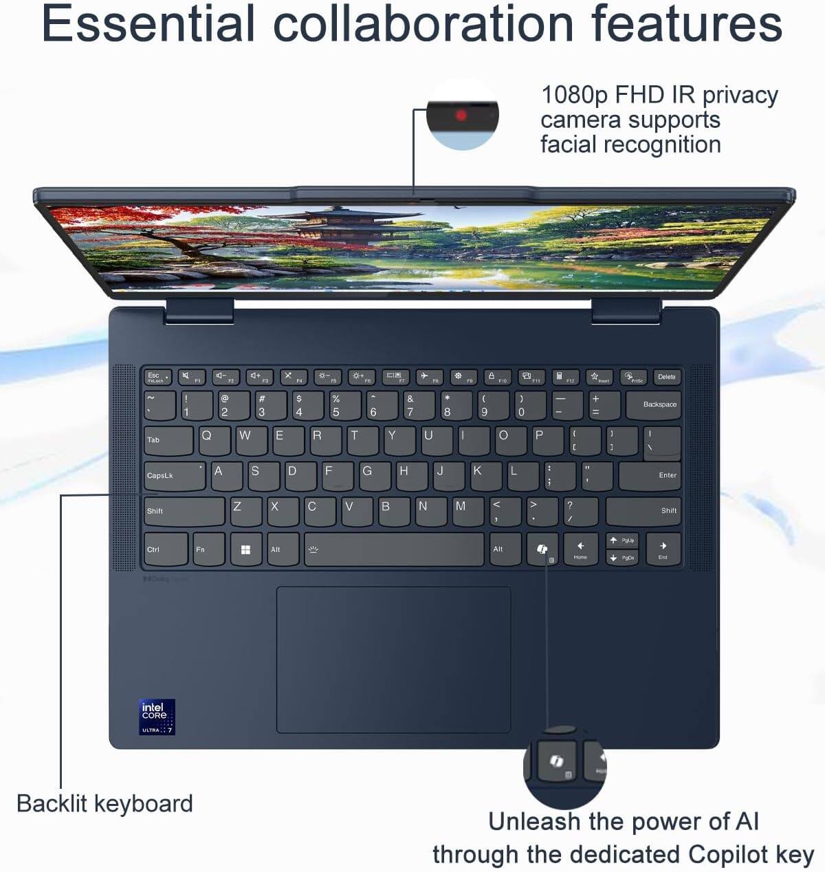 Essential collaboration features

1080p FHD IR privacy camera supports facial recognition

Backlit keyboard

Unleash the power of AI through the dedicated Copilot key