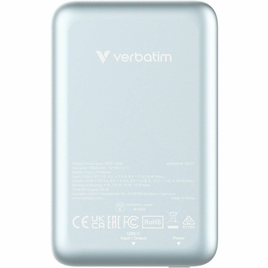 Verbatim Power Pack MCP-10BE  
Verbatim: 32247  

Capacity: 10000mAh / 37 Wh  
Battery Type: Li-Polymer  

Input: USB-C PD 3.0: 5V - 2.4A (12W Max), 9V - 2.22A (20W Max)  
Output: USB-C PD 3.0: 5V - 2.4A (12W Max), 9V - 2.22A (20W Max), 12V - 1.67A (20W Max)  
Wireless Charging: 5W, 7.5W, 10W, 15W Max  
Total PD Output: 20W  

Verbatim GmbH  
Dusseldorf Str. 13  
65760 Eschborn, Germany  
www.verbatim.com  

Made in China  
Verbatim Japan  

CE, UK, CA, EAC, FC, RoHS  
E1703  

USB-C Input/Output Power