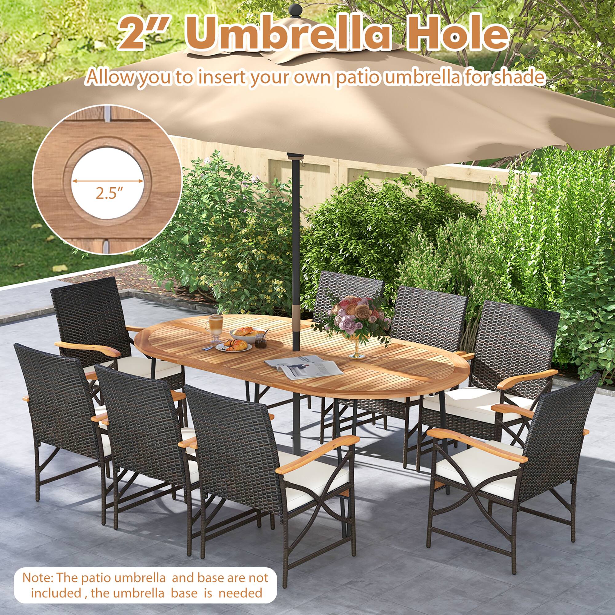 2" Umbrella Hole  
Allow you to insert your own patio umbrella for shade  

2.5"  

Note: The patio umbrella and base are not included, the umbrella base is needed