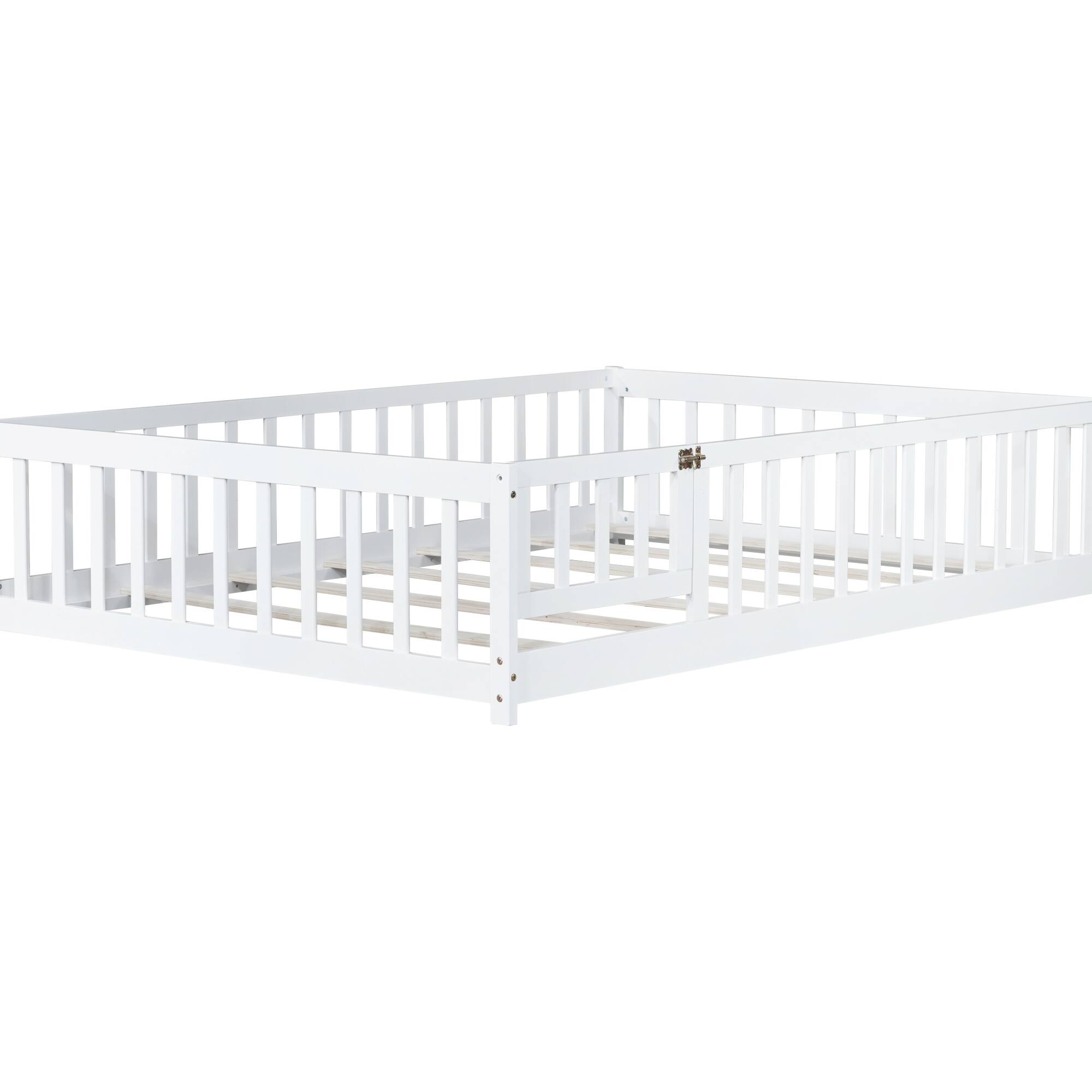 Alt View 4. GOODSILO - Full Size Low Profile Children's Floor Bed with Safety Guardrails and Entry Door, Solid Wood Construction - White.