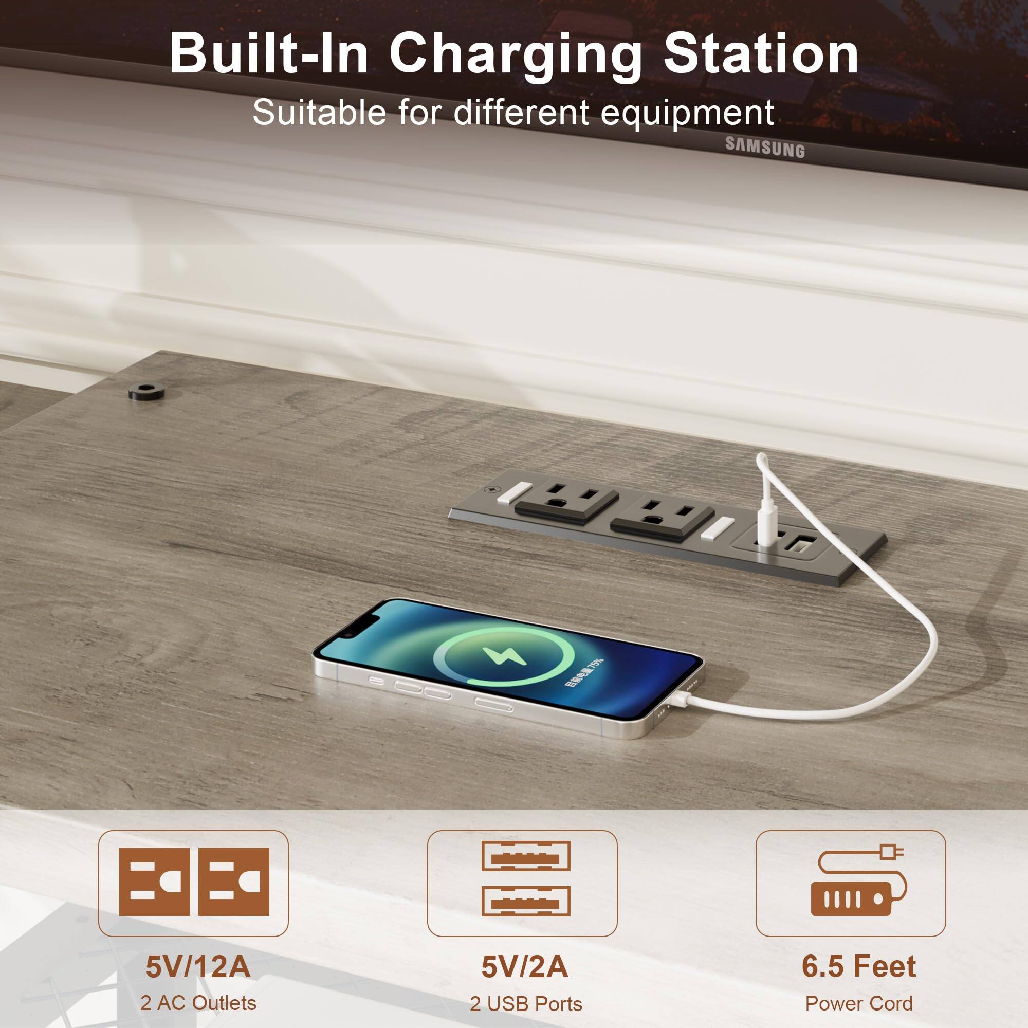 Built-In Charging Station  
Suitable for different equipment  

5V/12A  
2 AC Outlets  

5V/2A  
2 USB Ports  

6.5 Feet Power Cord