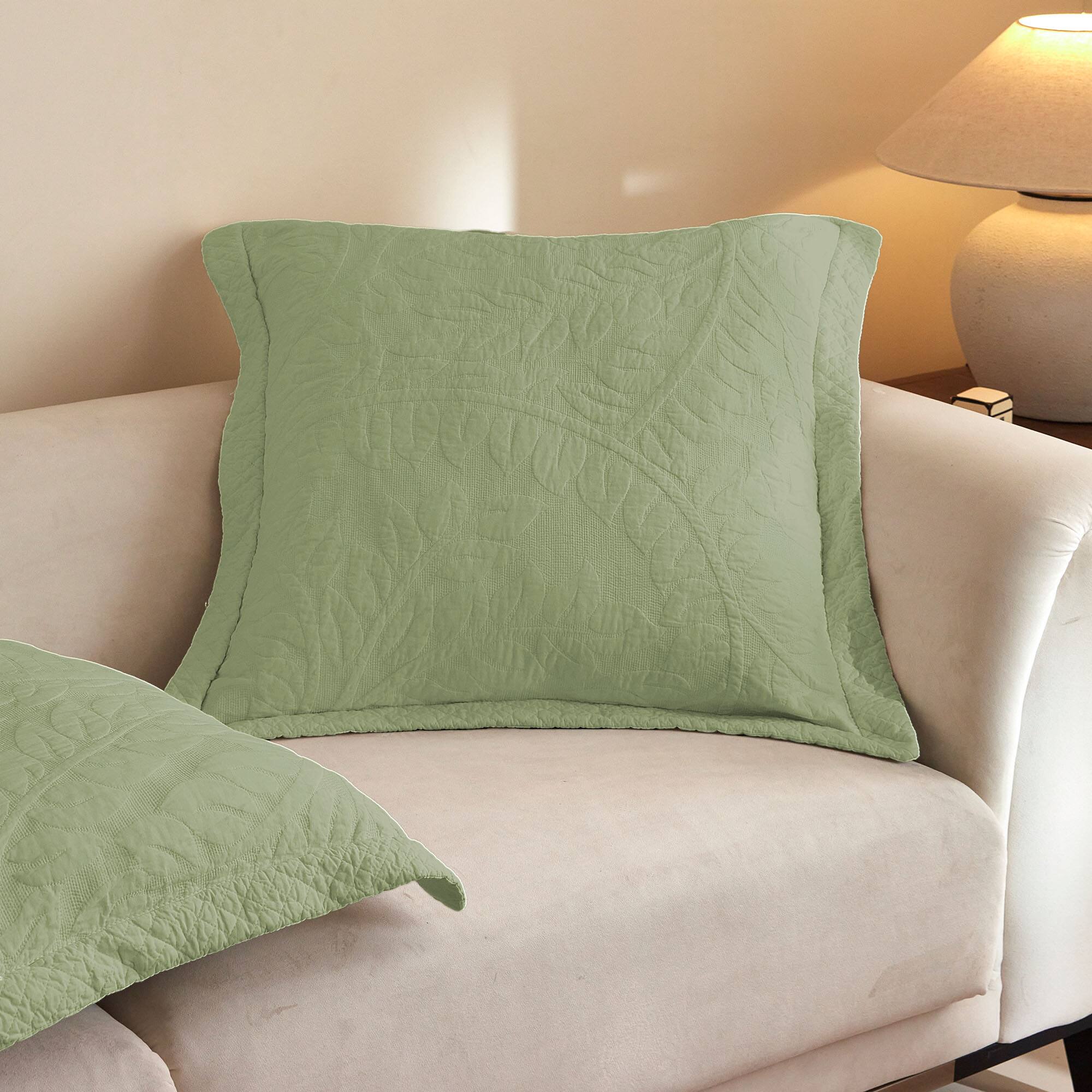 Back. MarCielo - 100% Cotton Embroidered Quilted Pillow Shams Set of 2, 26"x26" Euro Size - Green.