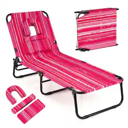 Costway - Folding Beach Sun Lounger with Face Hole & Removable Pillows, 4-Position Backrest - Pink Stripe