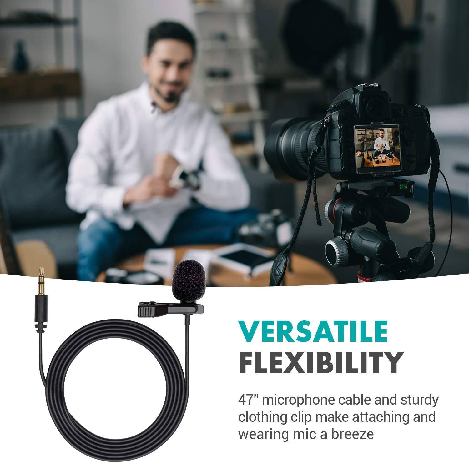 VERSATILE FLEXIBILITY

47" microphone cable and sturdy clothing clip make attaching and wearing mic a breeze