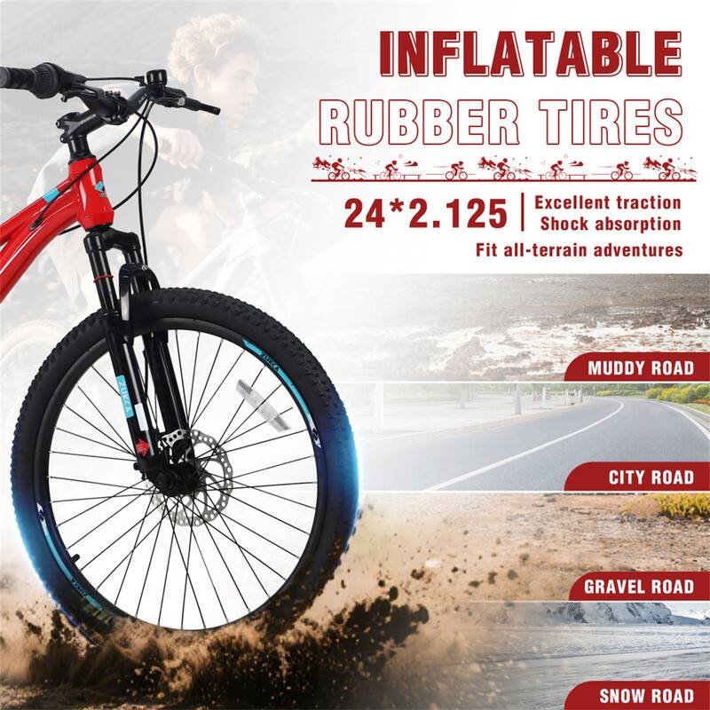 INFLATABLE RUBBER TIRES  
24*2.125  
Excellent traction  
Shock absorption  
Fit all-terrain adventures  

Muddy Road  
City Road  
Gravel Road  
Snow Road
