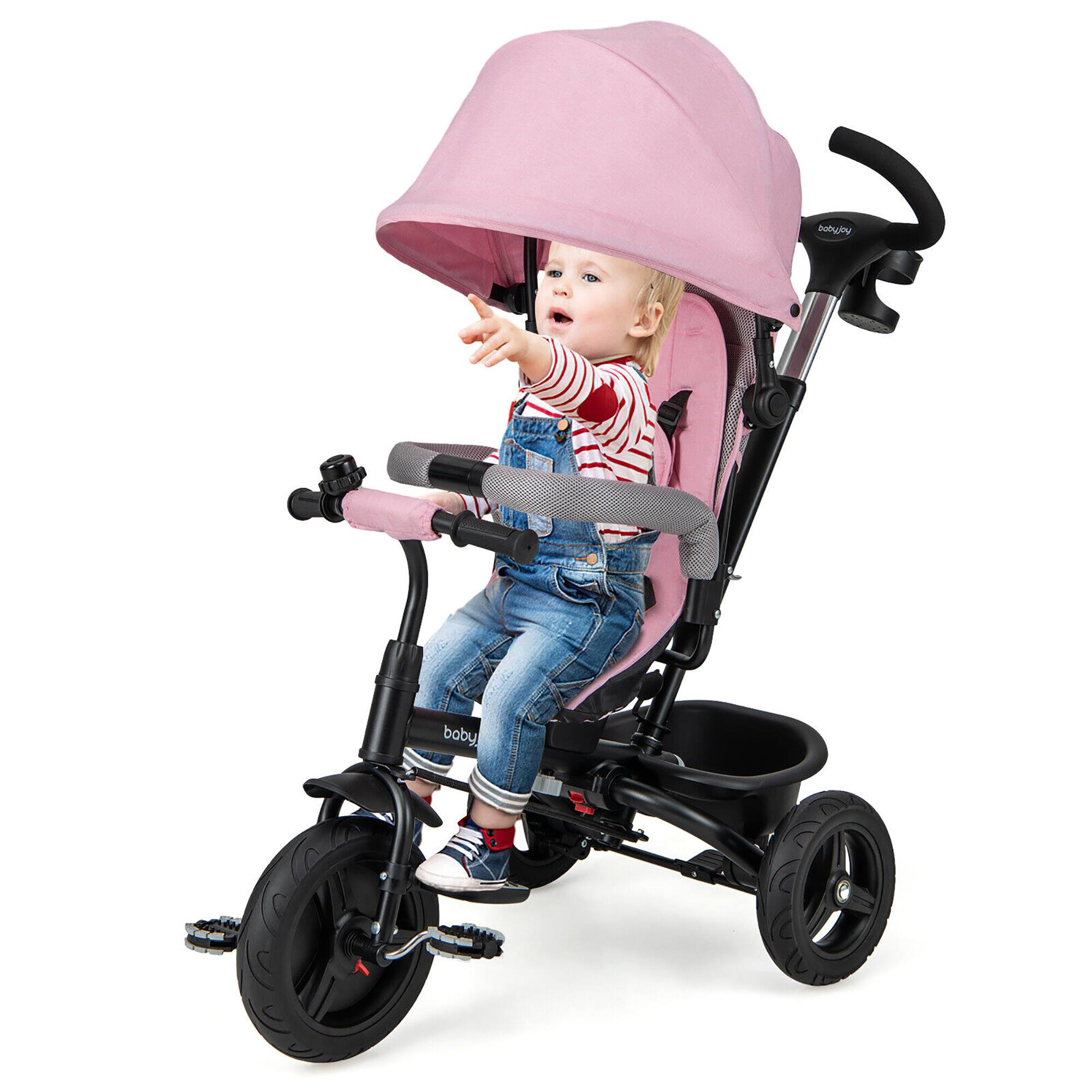 Gymax - 4-in-1 Baby Tricycle Toddler Trike w/ Reversible Seat Canopy & Push Handle - Pink