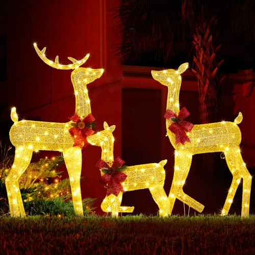 Winado - 3PCS Christmas Reindeer Family 4FT Set 2D Weather Proof with Lights for Indoor Outdoor Garden Holiday Party Decoration - Golden