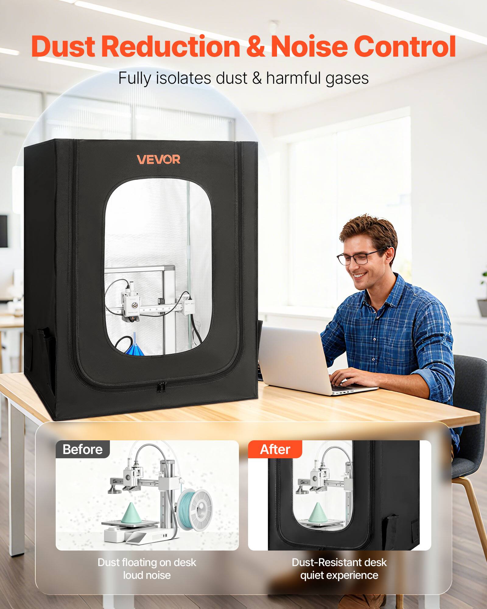 Dust Reduction & Noise Control  
Fully isolates dust & harmful gases  

Before  
Dust floating on desk loud noise  

After  
Dust-Resistant desk quiet experience