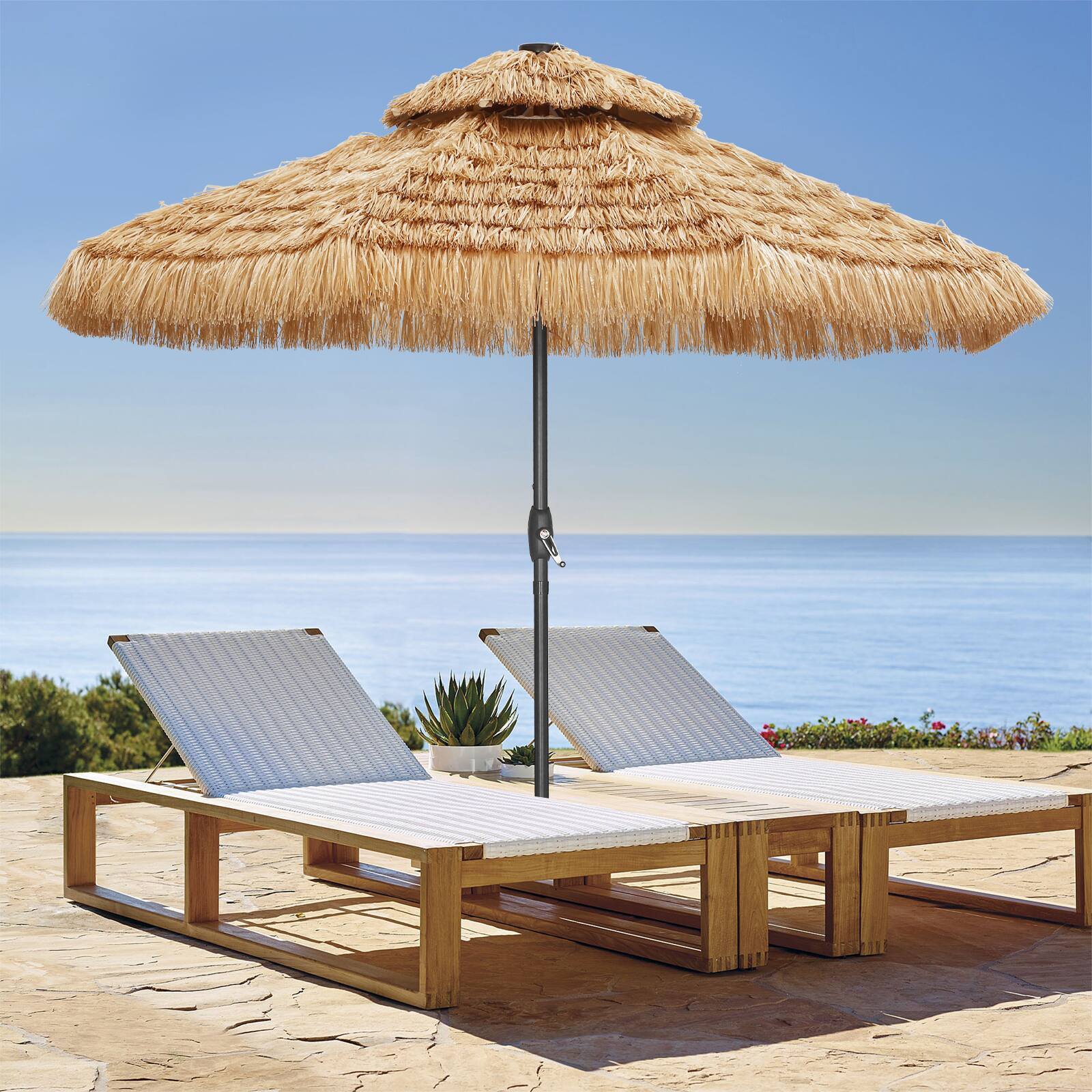 Angle. Ainfox - Ainfox 9ft Double Tiers Solar LED Lights Thatched Hawaii Tiki Umbrella - Nature.