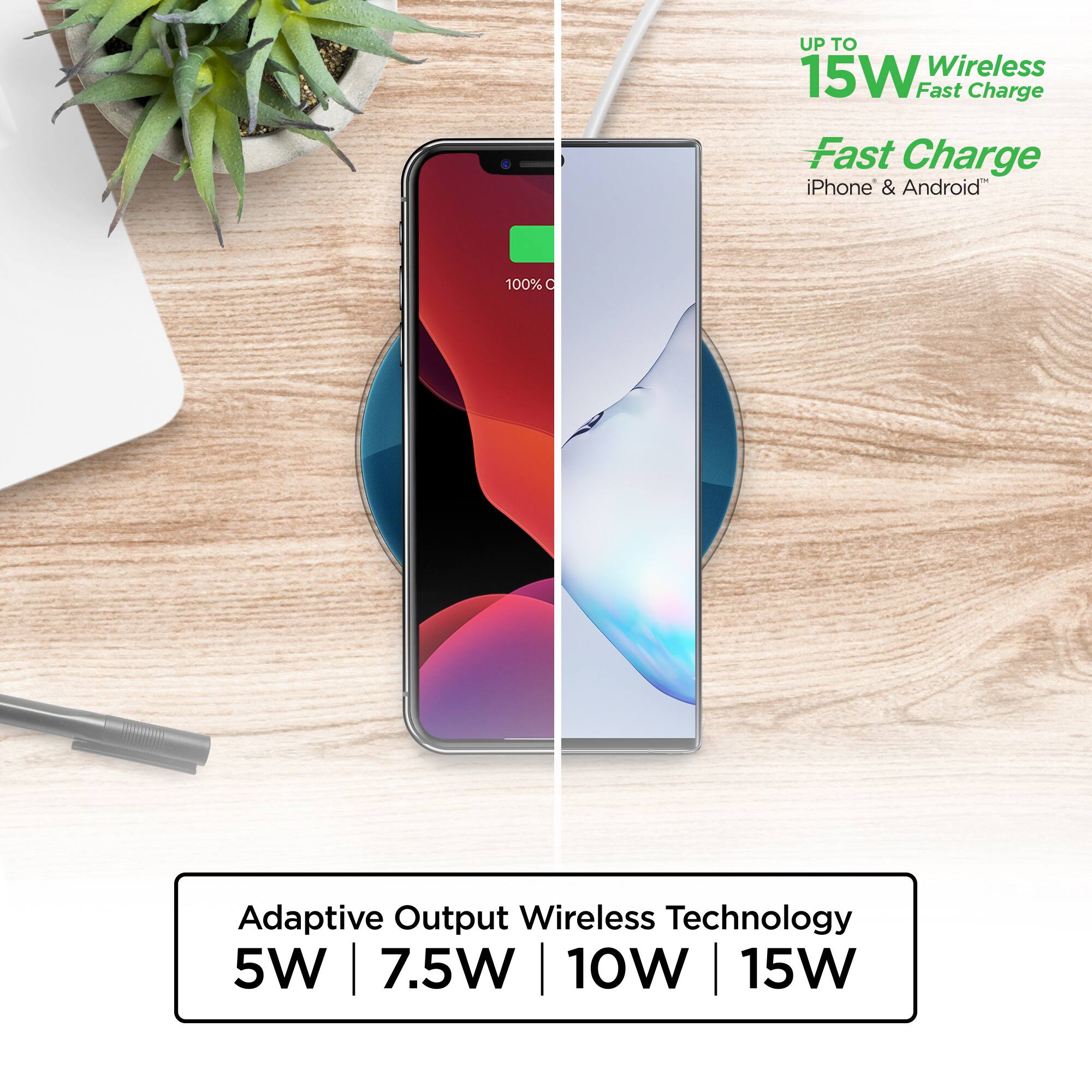 UP TO 15W Wireless Fast Charge  
Fast Charge iPhone & Android  
100% O Adaptive Output Wireless Technology  
5W | 7.5W | 10W | 15W