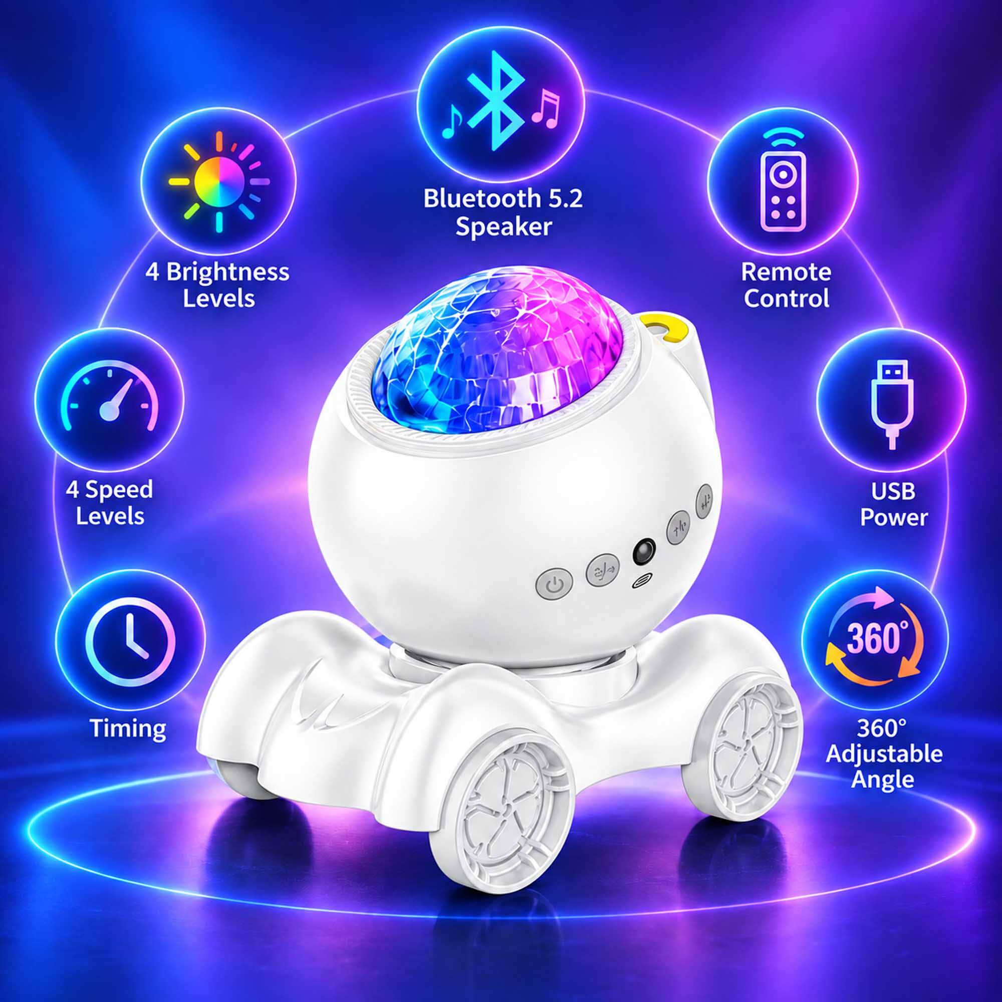 - 4 Brightness Levels
- Bluetooth 5.2 Speaker
- Remote Control
- 4 Speed Levels
- USB Power
- Timing
- 360° Adjustable Angle
