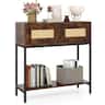 Costway - 32" Console Table with 2 Rattan Drawers, Open Storage Shelf, Heavy-duty Metal Frame - Rustic Brown