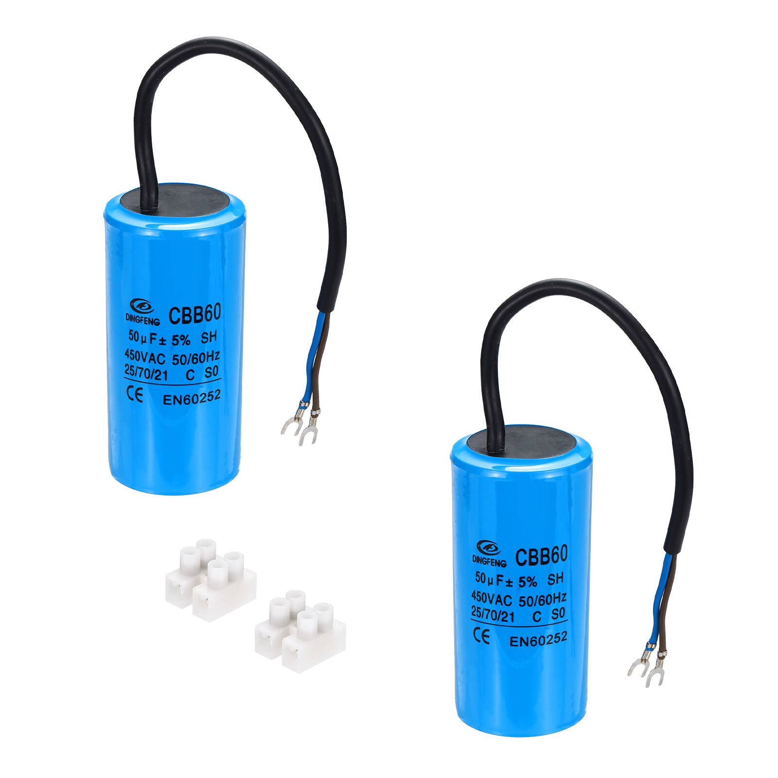 Unique Bargains - 2pcs 50uF CBB60 Running Capacitor, AC 450V 2 Wires 50/60Hz Cylinder 103x50mm for Air Compressor, Washing Machines - Blue