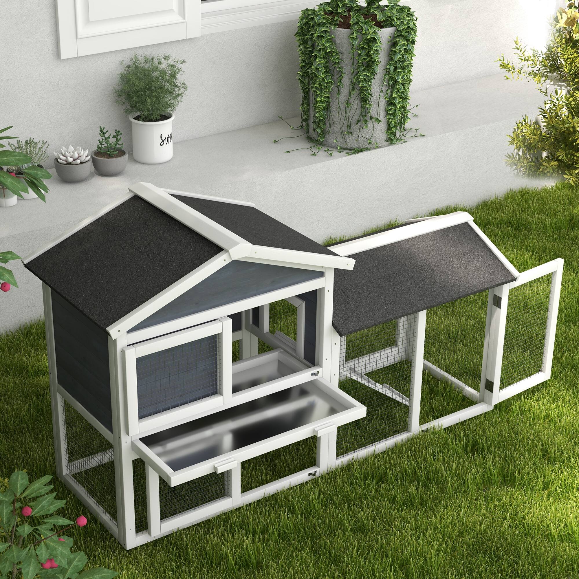 Alt View 4. Pawhut - 58" Wooden  Large Rabbit Hutch, Outdoor Indoor, Run, Removable Tray, Asphalt Roof, Lockable Doors, Ramp.