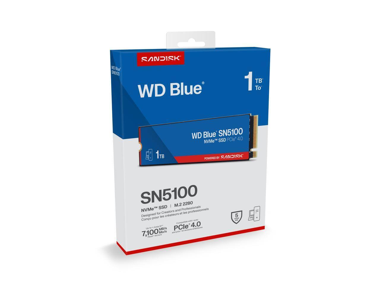 WD Blue SN5100  
1 TB  
NVMe™ SSD | M.2 2280  
Designed for Creators and Professionals  
Conçu pour les créateurs et les professionnels  
Up to 500 MB/s  
7,100 Mo/s  
Read up to 500 MB/s  
Read up to 500 MB/s  
PCle 4.0  
POWERED BY SANDISK  
SN5100