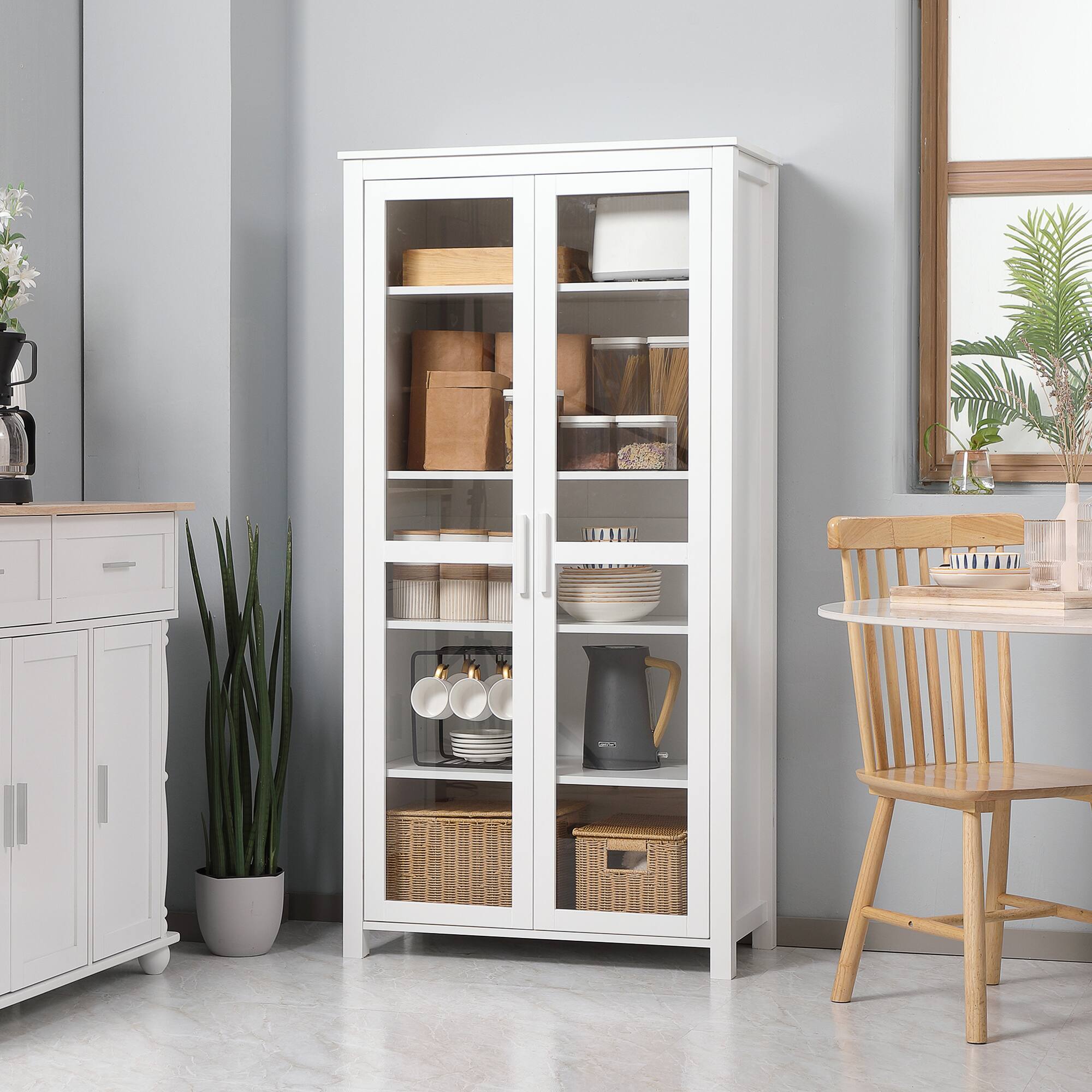 Angle. Homcom - 63" Pantry Cabinet with 2 Glass Doors, 2 Adjustable Shelves - White.