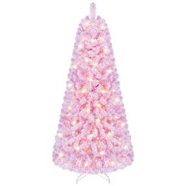 Costway - 5 FT Flocked Fir Christmas Tree with 432 Full Branch Tips 160 Warm LED Lights - Pink