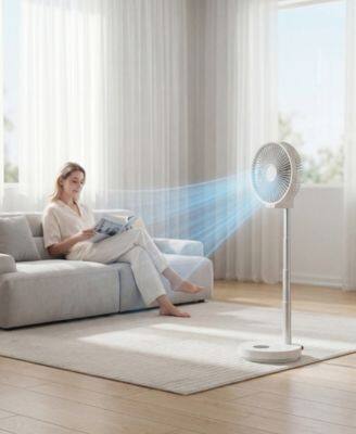 Angle. Sugift - Portable Rechargeable Pedestal Fan 10in With Remote 7200mAh Battery Foldable Oscillating Table Desk Fan - White.