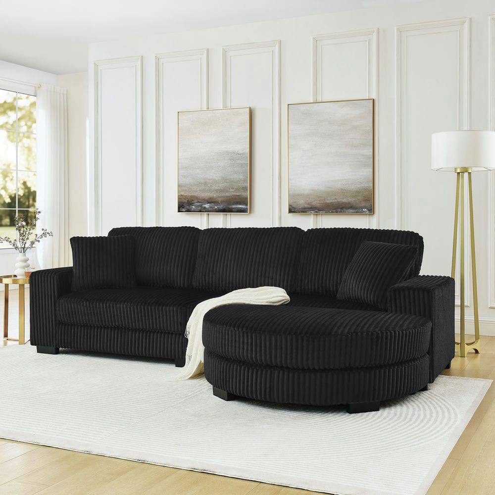 Alt View 8. Kadyn - Modular Sleeper Sectional with Ottoman, L-Shaped Corduroy Sofa with Tufted Upholstery, Black - Black.