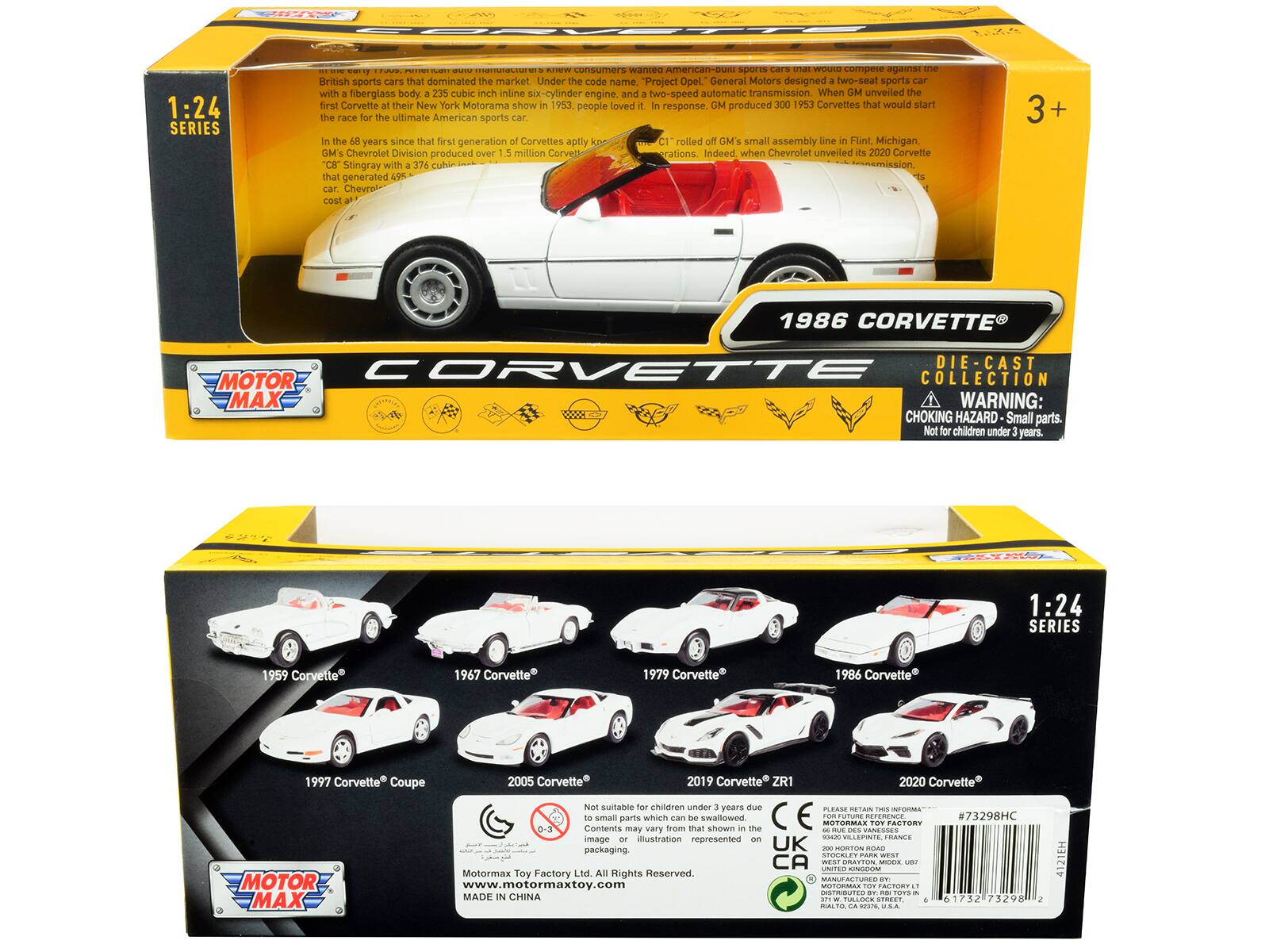 1:24 SERIES

SSW consumers wanted American-built sports cars to compete against the British sports cars that dominated the market. Under the code name Project Opel, General Motors designed a two-seat sports car with a fiberglass body, a 235 cubic inch inline six-cylinder engine, and a two-speed automatic transmission. When GM unveiled the first Corvette at their New York Motorama show in 1953, people loved it. In response, GM produced 300 1953 Corvettes that would start the race for the ultimate American sports car. In the 68 years since that first generation Corvettes aptly known as "C1" rolled off GM's small assembly line in Flint, Michigan, GM's Chevrolet Division produced over 1.5 million Corvette generations. Indeed, when Chevrolet unveiled its 2020 Corvette C8 Stingray with a 376 cubic inch engine and a 8-speed transmission, it generated a cost of $63,000.

1986 CORVETTE DIE CAST MOTOR CORVETTE COLLECTION

WARNING: CHOKING HAZARD Small parts. Not for children under 3 years.

1:24 SERIES

19
