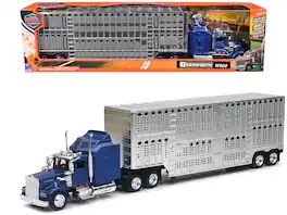 New Ray - Kenworth W900 Truck Blue with Potbelly Livestock Trailer Chrome "Long Haul Truckers" Series 1/43 - Blue, Chrome