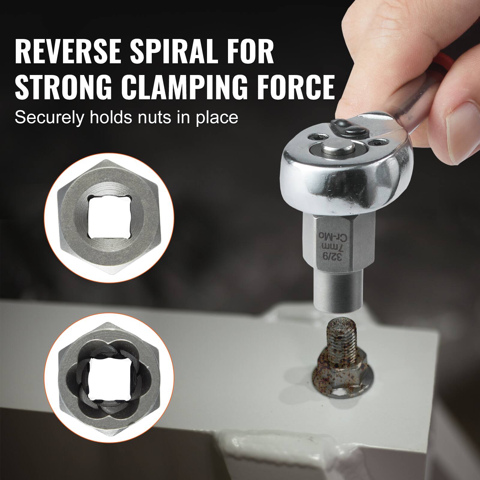 REVERSE SPIRAL FOR STRONG CLAMPING FORCE  
Securely holds nuts in place  

Cr-Mo 7mm 32/9