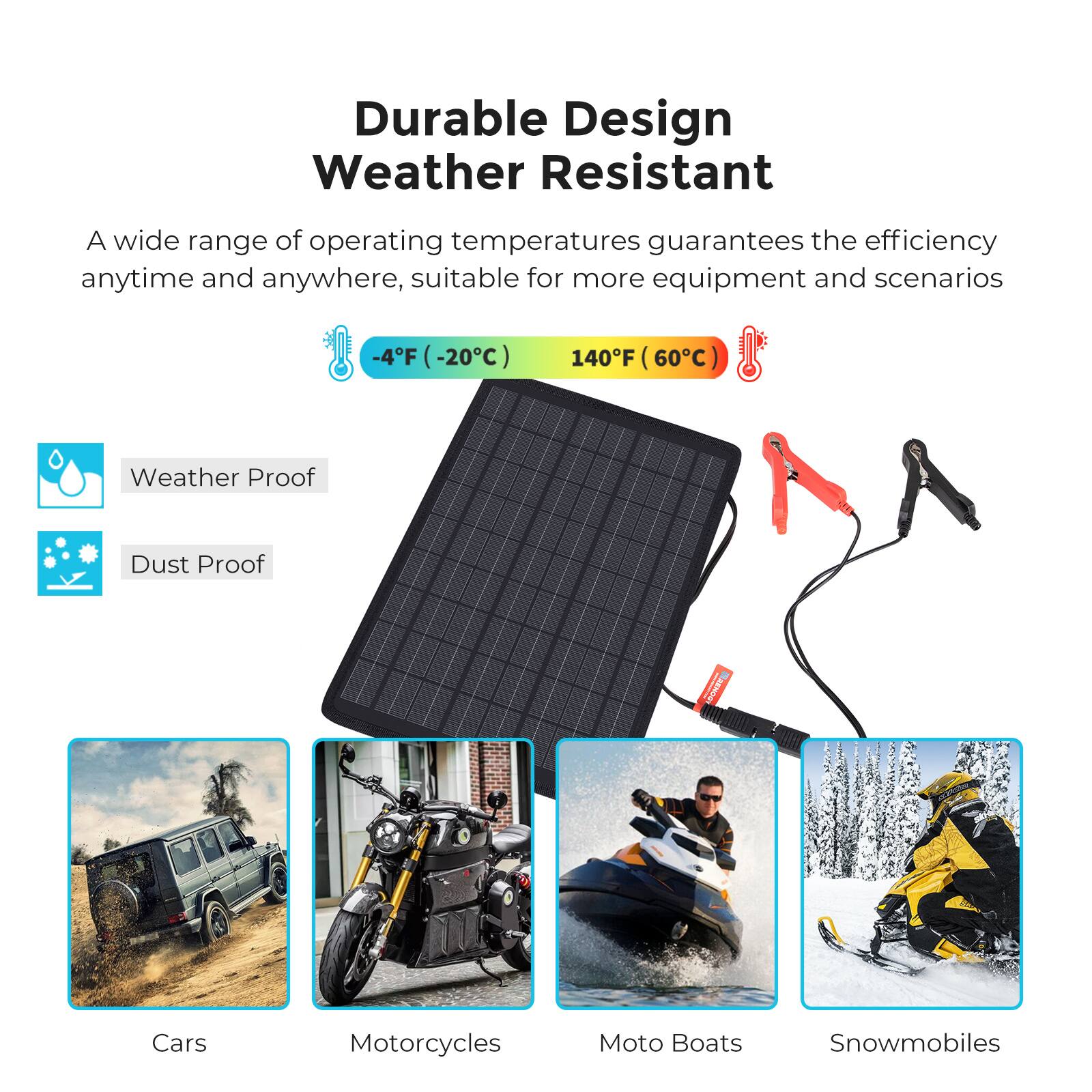Durable Design Weather Resistant: A wide range of operating temperatures guarantees the efficiency anytime and anywhere, suitable for more equipment and scenarios -4F (-20C) 140F (60C) Weather Proof Dust Proof Cars Motorcycles Moto Boats Snowmobiles.