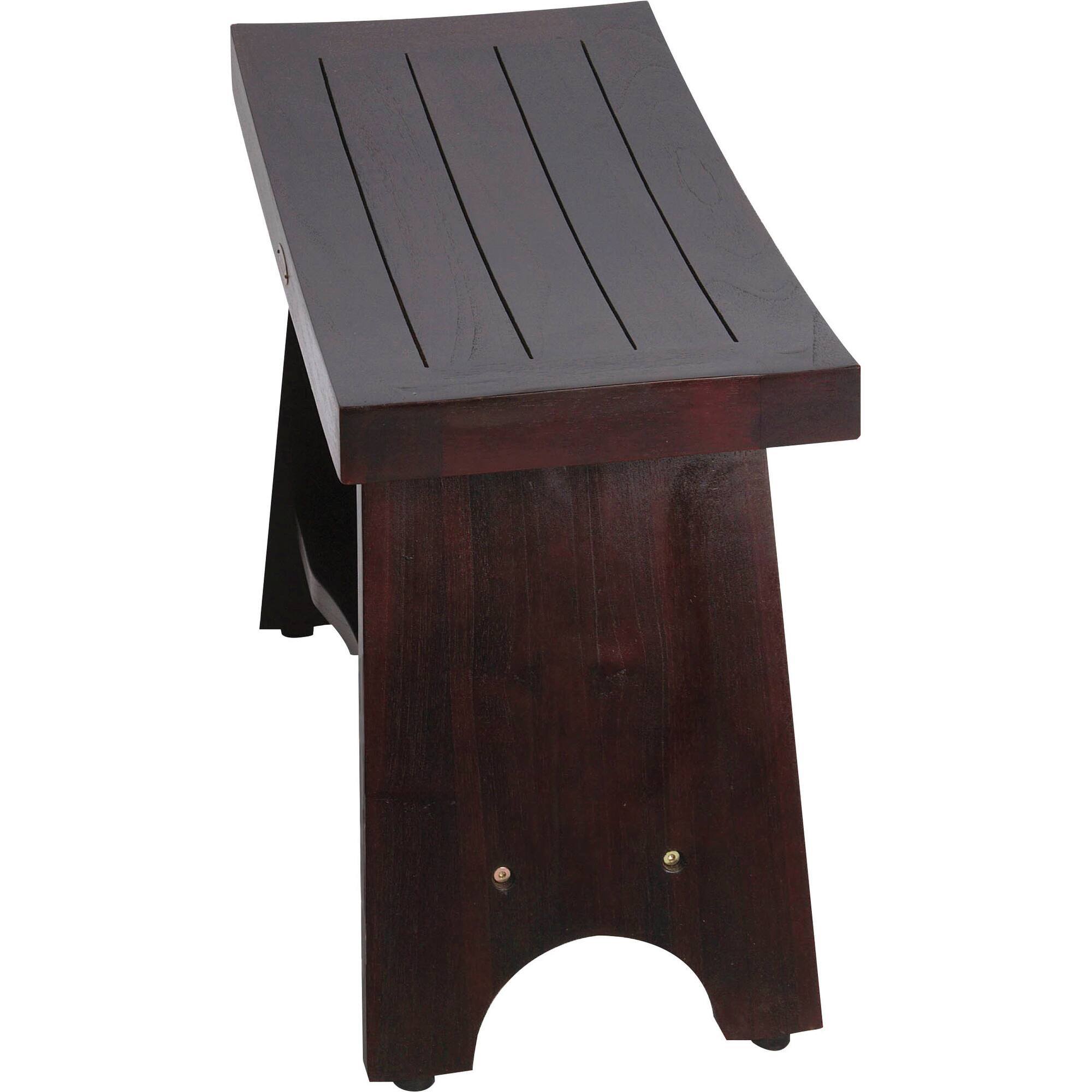 Angle. DecoTeak - DecoTeak® Serenity® 24" Teak Wood Shower Bench with Shelf in Woodland Brown Finish - Woodland Brown.