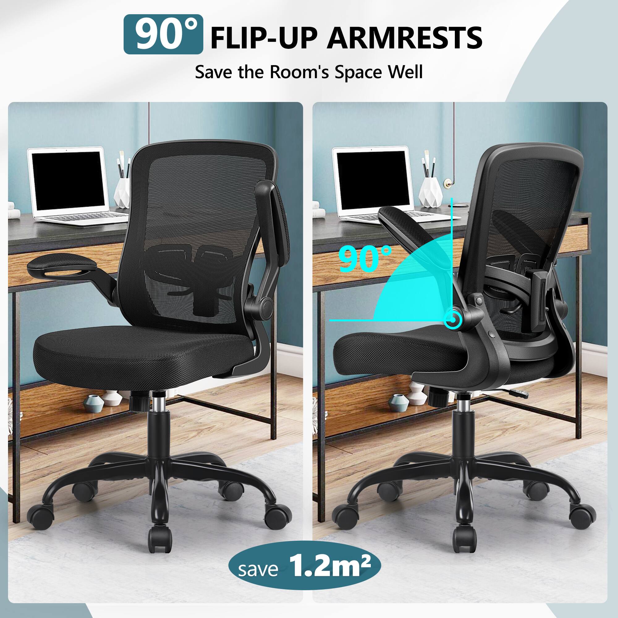 90° FLIP-UP ARMRESTS  
Save the Room's Space Well  

90°  

save 1.2m²