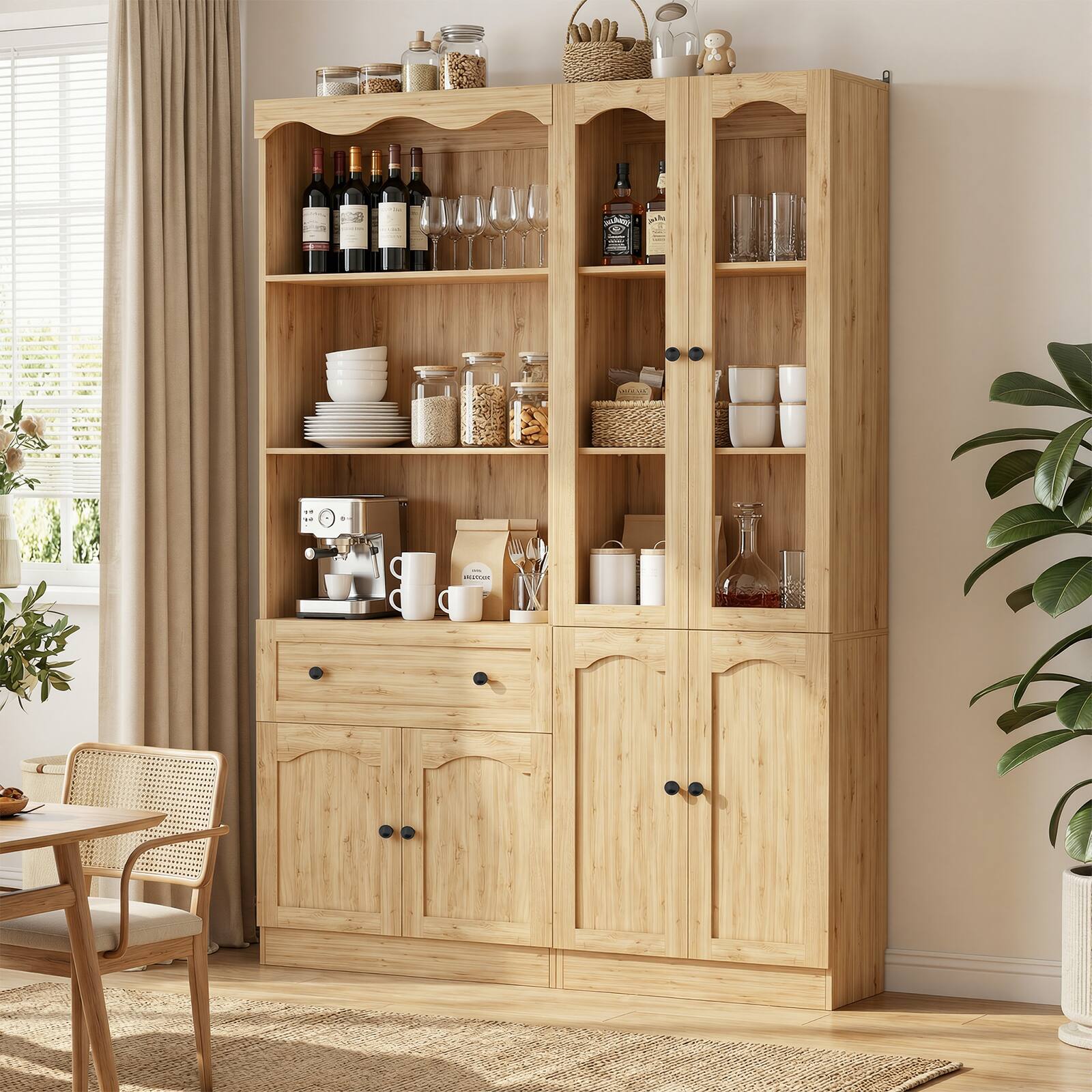 Alt View 1. Aheaplus - 80'' Tall Bookcase with Drawer and Glass Doors, 51.1'' Width Bookshelf with Adjustable Shelves, 2 Packs - Nature.