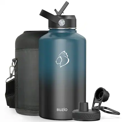 Angle. Buzio - 64oz Insulated Water Bottle with Straw Lid and Spout Lid - Indigo Black.