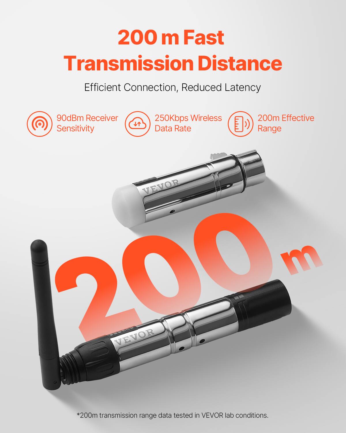 200 m Fast Transmission Distance  
Efficient Connection, Reduced Latency  

90dBm Receiver Sensitivity  
250Kbps Wireless Data Rate  
200m Effective Range  

*200m transmission range data tested in VEVOR lab conditions.