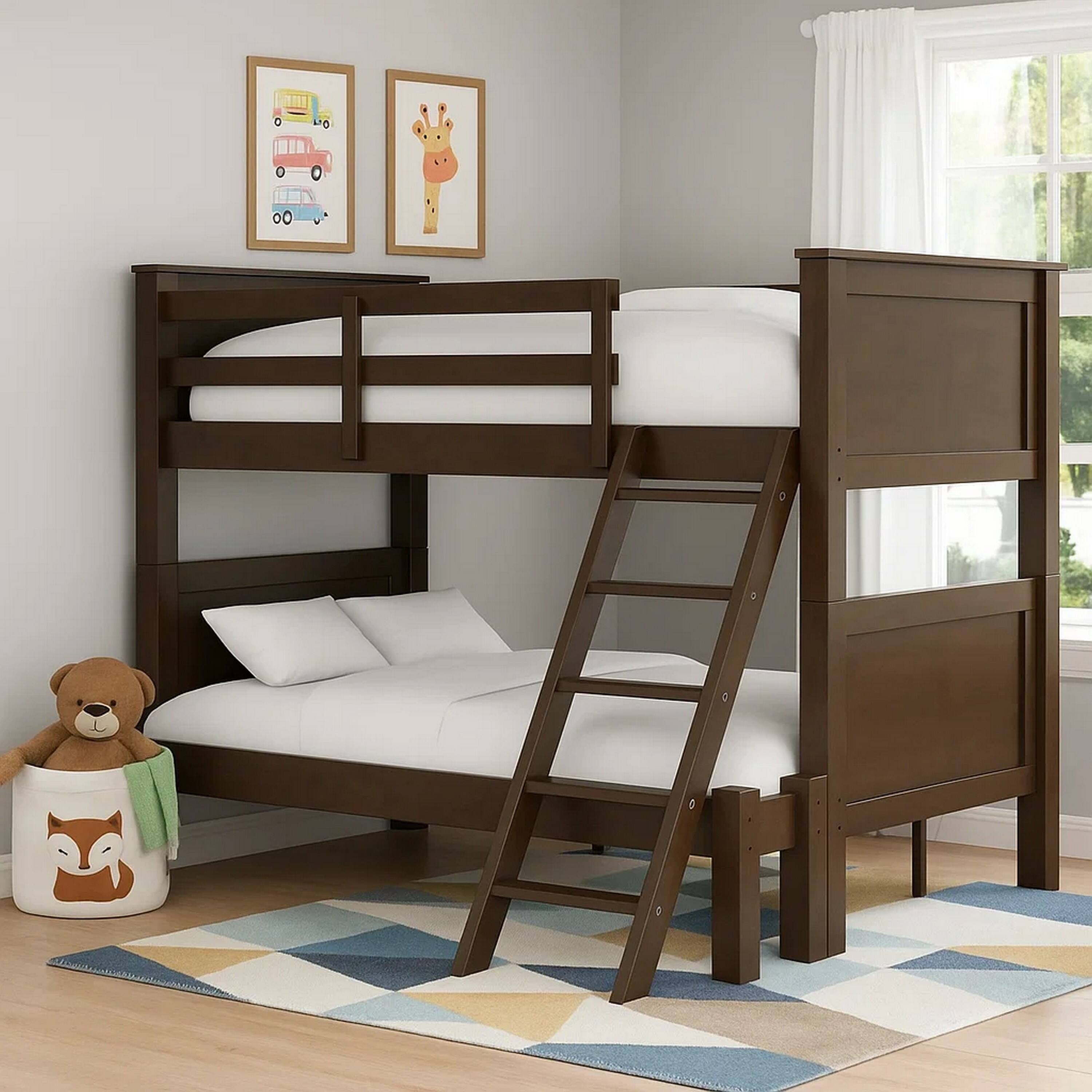 Alt View 2. Manhattan Lane - Zedy Twin over Full Bunk Bed with Ladder and Guardrails - Walnut Brown.