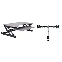 Rocelco - Deluxe Height Adjustable Standing Desk Converter with Dual Monitor Mount BUNDLE, Large Retractable Keyboard Tray - Gray